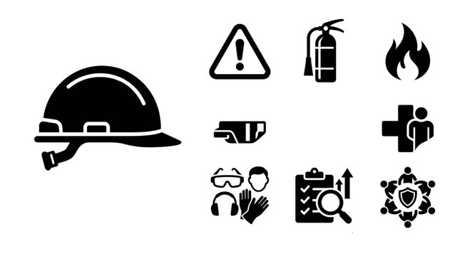 Industrial safety and occupational health compliance icon set with construction hard hat helmet, warning sign, fire extinguisher, PPE gear, first aid, and inspection checklist vector silhouettes