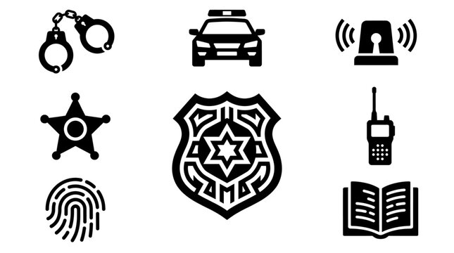 Police icon set with law enforcement badge, cop car, handcuffs, siren, walkie talkie, sheriff star, fingerprint, and penal code book vector silhouettes