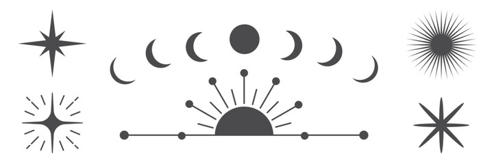 Fototapeta premium Vector of celestial symbols: sun, moon phases, and stars in minimalist style.