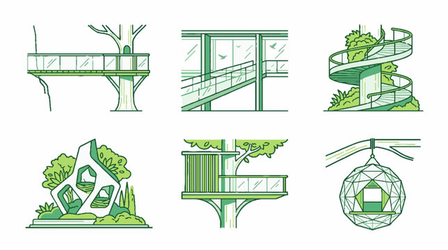 Set of modern treehouse and architectural structure vector icons in green line art style