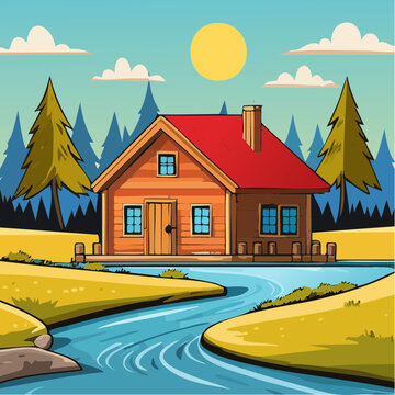 Charmante cabane en bois au bord d&rsquo;une rivi&egrave;re en pleine nature, paysage bucolique