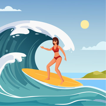 Surfeuse sur une grande vague dans un d&eacute;cor tropical