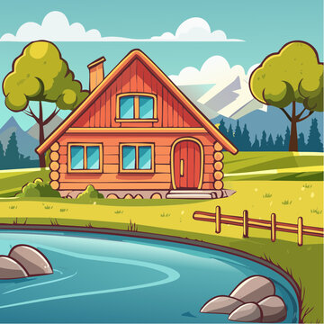 Charmante cabane en bois au bord d&rsquo;une rivi&egrave;re en pleine nature, paysage bucolique