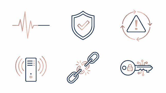 Set of six digital security and technology line art icons featuring a heartbeat monitor shield with checkmark warning sign server and broken chain