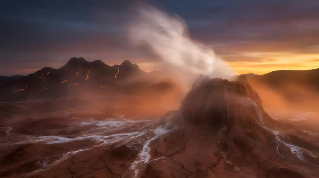 Volcanic landscape with steam vent and glowing lava flows against a dramatic sunset sky and distant mountain silhouettes in a desolate geothermal wilderness with warm golden light