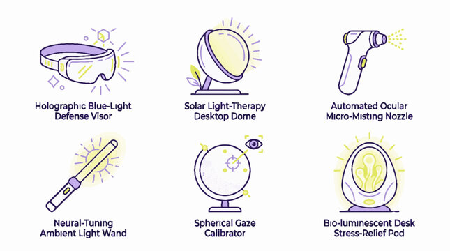 Set of six futuristic wellness and health technology icons featuring holographic visors and light therapy devices in a minimalist vector line art style