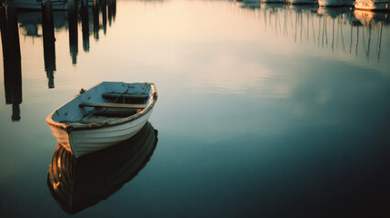 Fototapeta premium Harbor at sunset, still water and a single small boat, minimal travel photography, peaceful and nostalgic mood