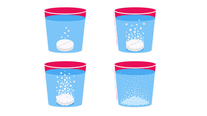Fototapeta na wymiar Effervescent tablet dissolving in water in four step vector set