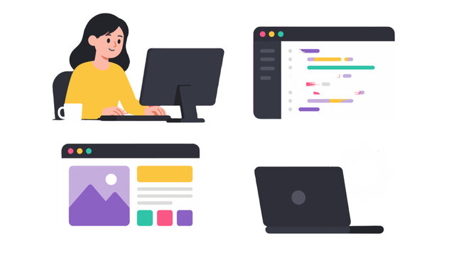 Flat vector set of woman coding at desktop with interface screens