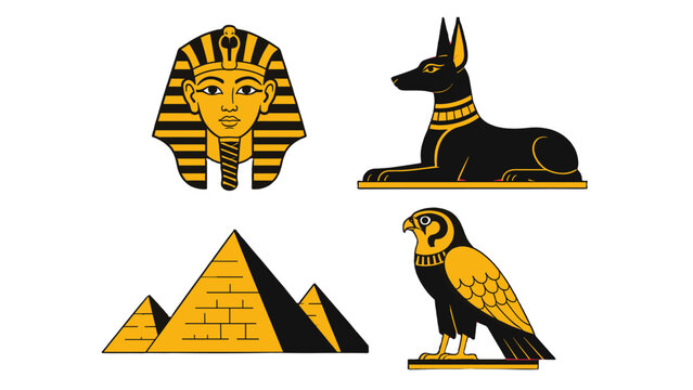 Ancient Egyptian icons with pharaoh mask, pyramids, jackal and falcon
