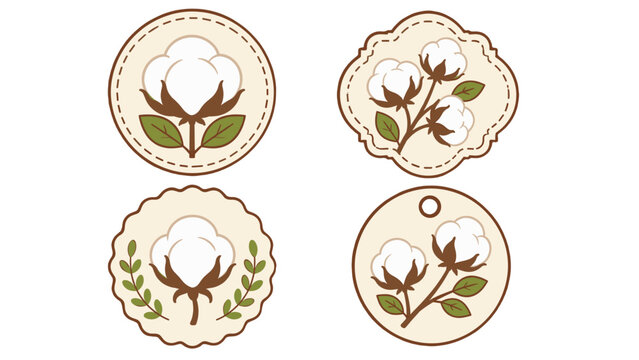 Set of cotton plant badge labels with floral decorative frames
