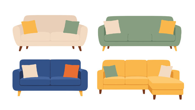 Set of modern sofas and couch furniture in flat vector style