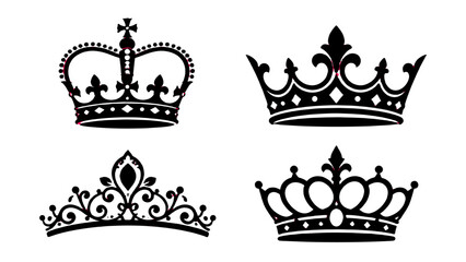 Set of black crown and tiara silhouette icons on white © icon_art