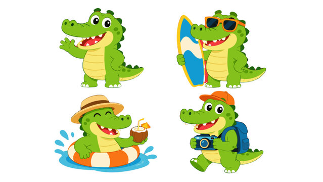 Cute cartoon crocodile character set in playful activity poses