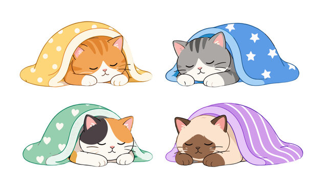 Cute sleeping cats tucked under colorful blankets set
