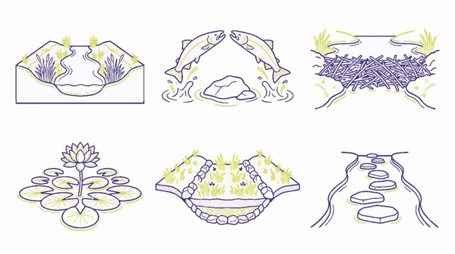 Set of six vector illustrations depicting various river and pond ecosystem elements including fish jumping over rocks and a beaver dam
