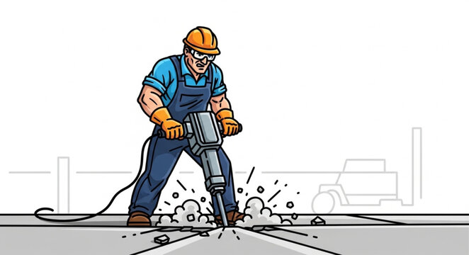 Construction worker using a jackhammer to break concrete pavement.