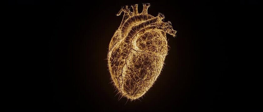 Surreal Human Heart Constructed from Glowing Golden Thorny Vines
