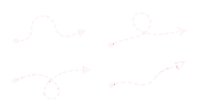 Set of pink dashed arrow path lines on white background