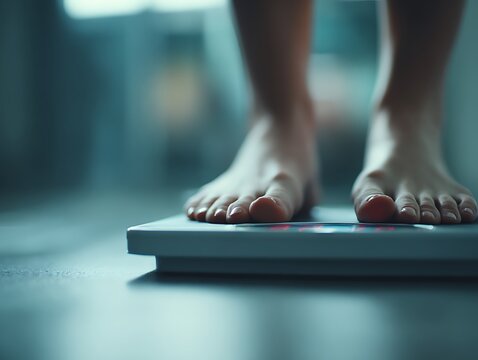 Close-up of bare feet on a digital scale. Symbolizing the psychological weight of body dysmorphia, restrictive eating disorders, and the obsession with numbers.