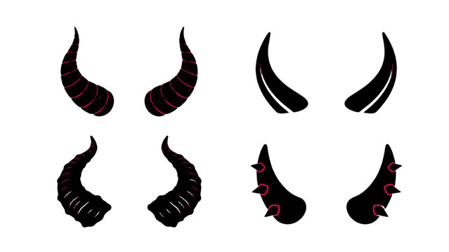 Set of black curved horn silhouettes in different fantasy styles