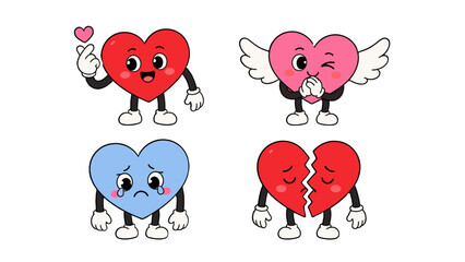 Obraz premium Cute cartoon heart characters set with happy, winged, sad and broken hearts