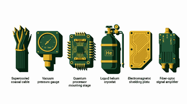 Vector illustration of quantum computing hardware components including a processor stage cryostat and signal equipment on a white background