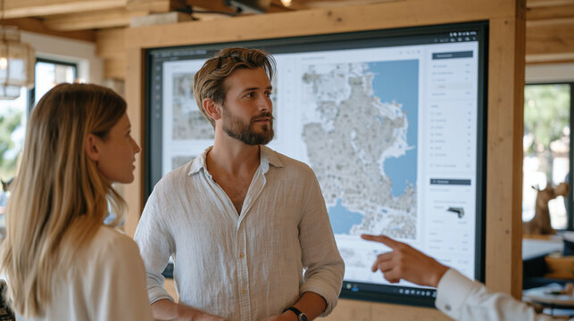 Young professional couple using proptech housing search app on large touchscreen wall display in real estate showroom, floor plans and neighborhood analytics floating around them, agent gesturing to