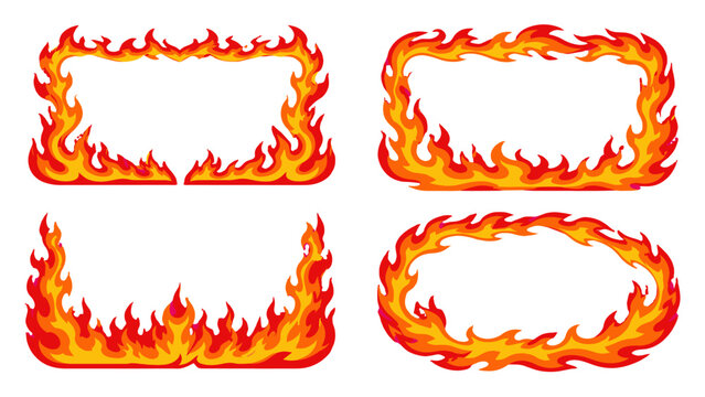 Set of fiery flame borders and frames in red and orange