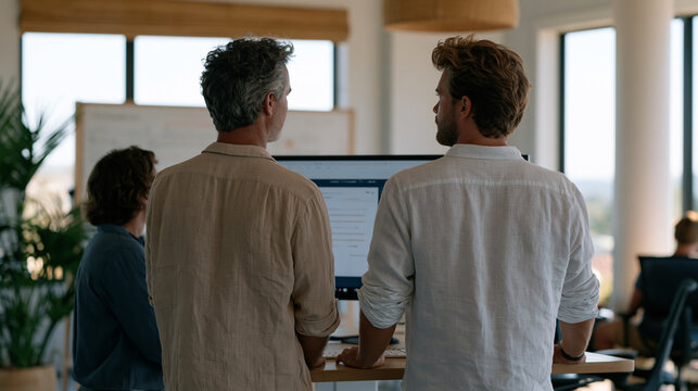 Three longevity biotech startup founders in an airy minimalist studio office reviewing a funding pitch deck on a standing desk display, aging reversal research roadmap visible on a whiteboard behind