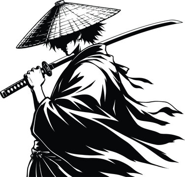 Japanese samurai warrior holding a katana sword on shoulder and wearing a traditional straw hat vector illustration. Mysterious ronin or ninja character with kimono isolated on white background for ga