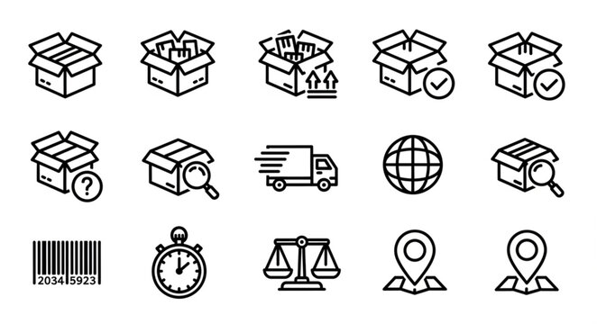 Delivery and logistics icons set with boxes truck globe and stopwatch.