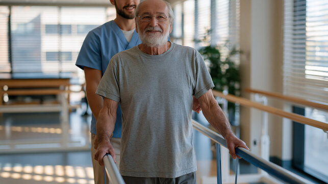 Occupational therapist guides a stroke survivor through assisted resistance band exercises in a rehabilitation clinic, parallel bars visible in the background, afternoon light through therapy room b