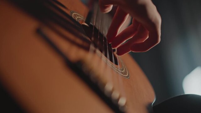 Soft fingerpicking close up hand near bridge, warm tone and deep resonance captured on acoustic body, rhythmic pluck patterns and subtle dynamics, sessionready performance and studio atmosphere