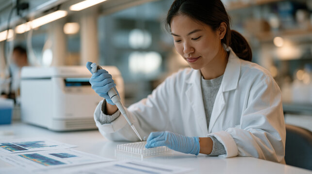 Graduate student in a university genomics lab pipetting RNA samples into a 96-well plate for gene expression analysis, thermal cycler running in background, expression heatmap printouts and transcri