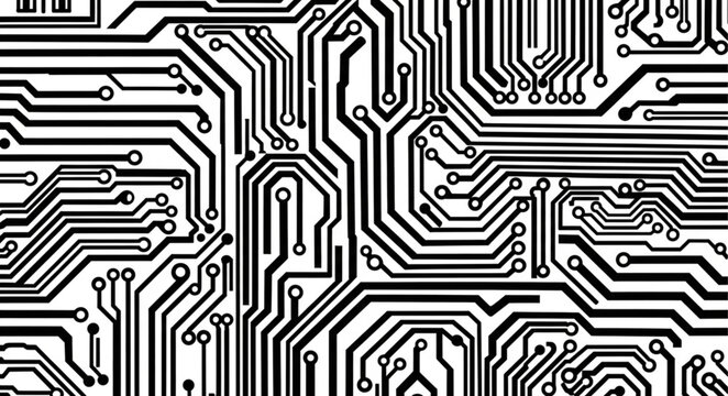 Detailed black and white electronic circuit board pattern.