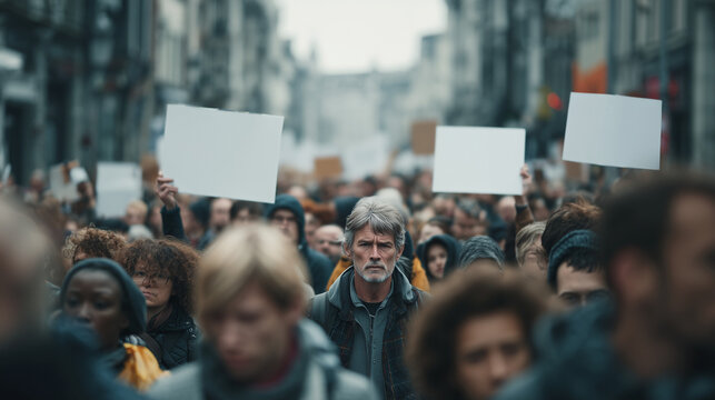 Large crowd of protesters walking through city street holding blank signs during public demonstration for social rights and political activism themes