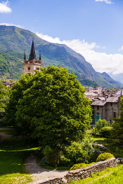 Panoramic view of the city of Susa surrounded by mountains and dominated by the campanile of the San Giusto Cathedral