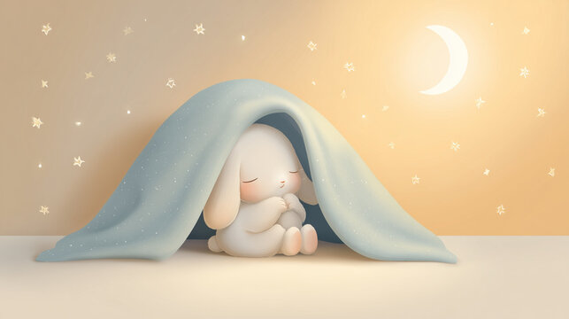 Cute sleeping bunny covered with a soft blanket under moon and stars in pastel night scene perfect for nursery decor bedtime stories and baby products