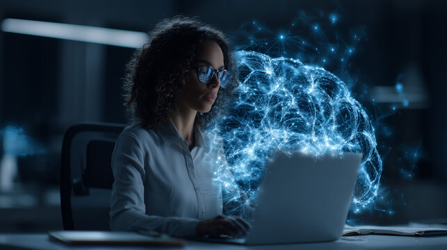 Young woman working on futuristic artificial intelligence interface with glowing digital neural network in modern dark office environment at night