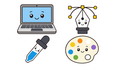 Naklejka na ściany i meble Cute design tools characters set with laptop pen nib and palette