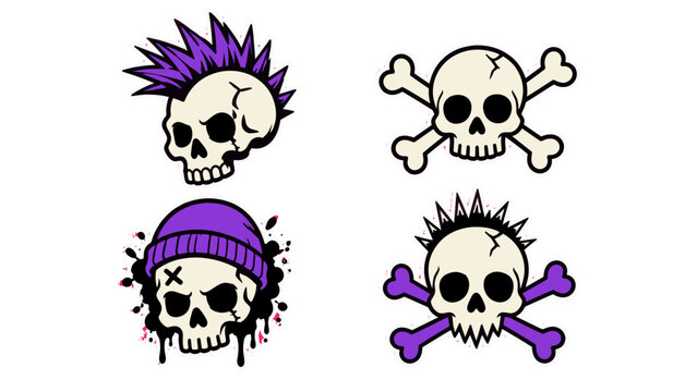 Set of cartoon skull stickers with punk hair and crossbones