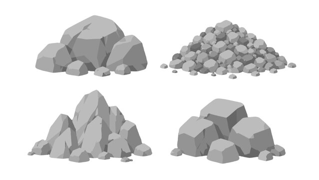 Set of gray rock piles and stone heaps isolated on white
