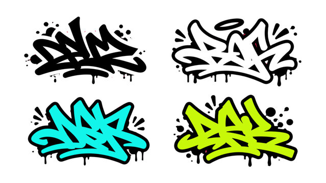 Set of four graffiti tag lettering designs with paint drips