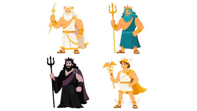 Cartoon Greek mythology gods characters isolated on white