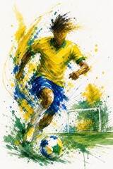 Obraz na płótnie Canvas Brazil national football team wallpaper, banner, poster, background. Brazil national team colors on dynamic soccer player kicking a ball with watercolor paint splatters