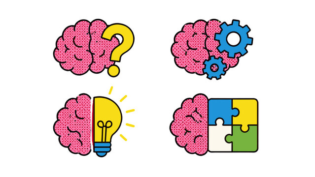 Pop art brain icons with question mark gear bulb and puzzle