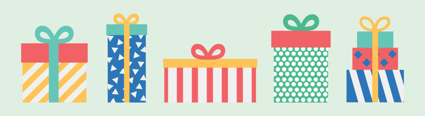 Fototapeta premium Colorful vector illustration of five wrapped gift boxes with bows.