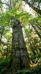 Fototapeta premium Ancient mossy tree trunk viewed from a low angle looking up towards the forest canopy in a dense temperate woodland environment