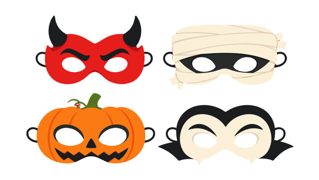 Set of Halloween party masks with devil mummy pumpkin and vampire